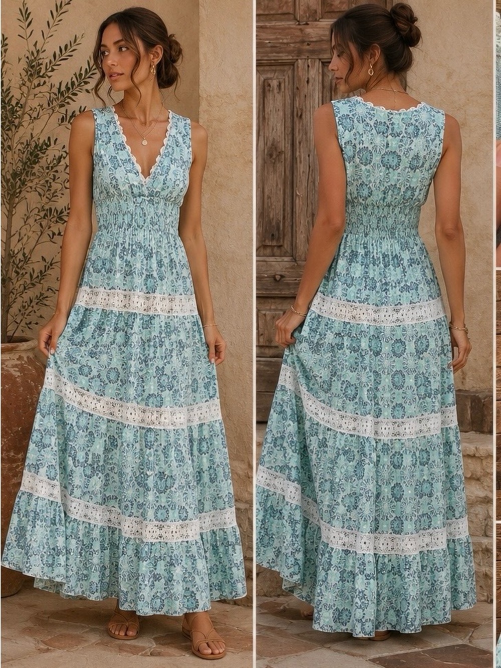 Temptation Positano Italy Lace Trim Maxi Dress Aqua Blue Boho Resort Size M